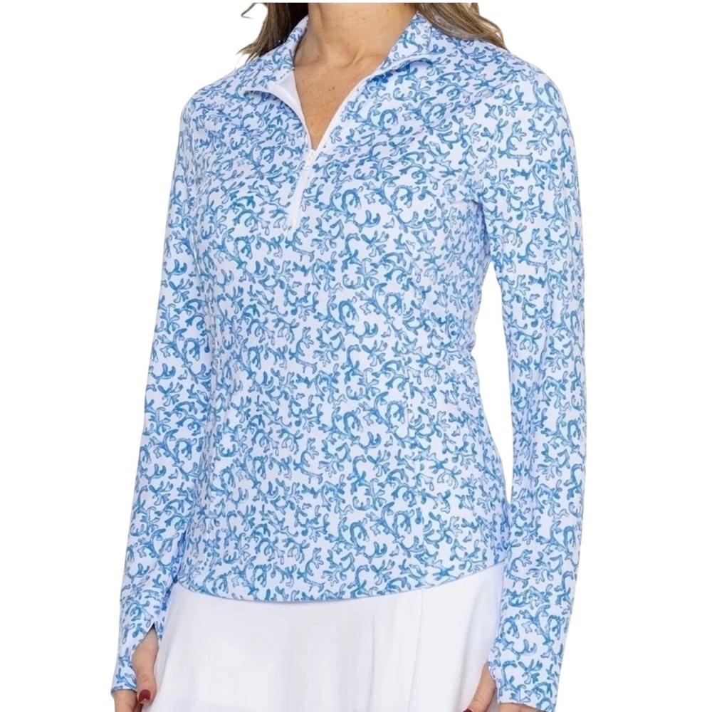 Tommy Bahama Blue/White Coral Reef Print 1/4 Zip Golf Tennis Top UPF  | Size L